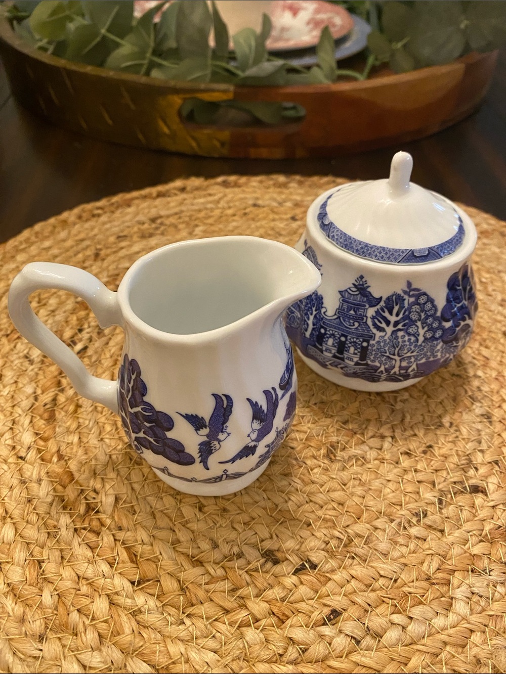 Royal Cuthbertson Blue Willow milk pitcher and sugar bowl set
